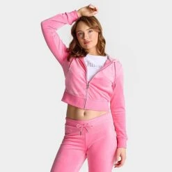 Women's Juicy Couture OG Big Bling Velour Zip-Up Hoodie Hot Hot - 11000536 676