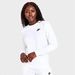 Women's Nike Sportswear Club Fleece Crewneck Sweatshirt White/Black - DQ5473 100 -Nike Store DQ5473 100 M3