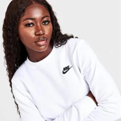 Women's Nike Sportswear Club Fleece Crewneck Sweatshirt White/Black - DQ5473 100 -Nike Store DQ5473 100 M5