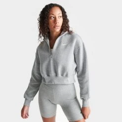 Women's Nike Sportswear Phoenix Fleece Oversized Half-Zip Crop Sweatshirt Dark Grey Heather/Sail - DQ5767 063