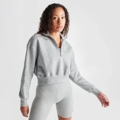 Women's Nike Sportswear Phoenix Fleece Oversized Half-Zip Crop Sweatshirt Dark Grey Heather/Sail - DQ5767 063 -Nike Store DQ5767 063 M3