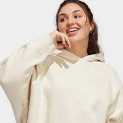 Women's Adidas ALL SZN Fleece Boyfriend Hoodie (Plus Size) Ecru Tint Melange - IC4554 107 -Nike Store IC4554 107 M5