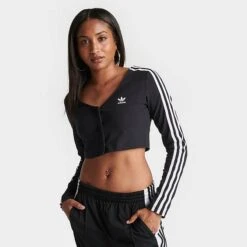 ADIDAS Women's Adicolor Classics 3-Stripes Cropped Button Long-Sleeve T-Shirt Black - IC5473 001