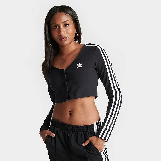 ADIDAS Women's Adicolor Classics 3-Stripes Cropped Button Long-Sleeve T-Shirt Black - IC5473 001 3 ADIDAS Women's Adicolor Classics 3-Stripes Cropped Button Long-Sleeve T-Shirt Black - IC5473 001